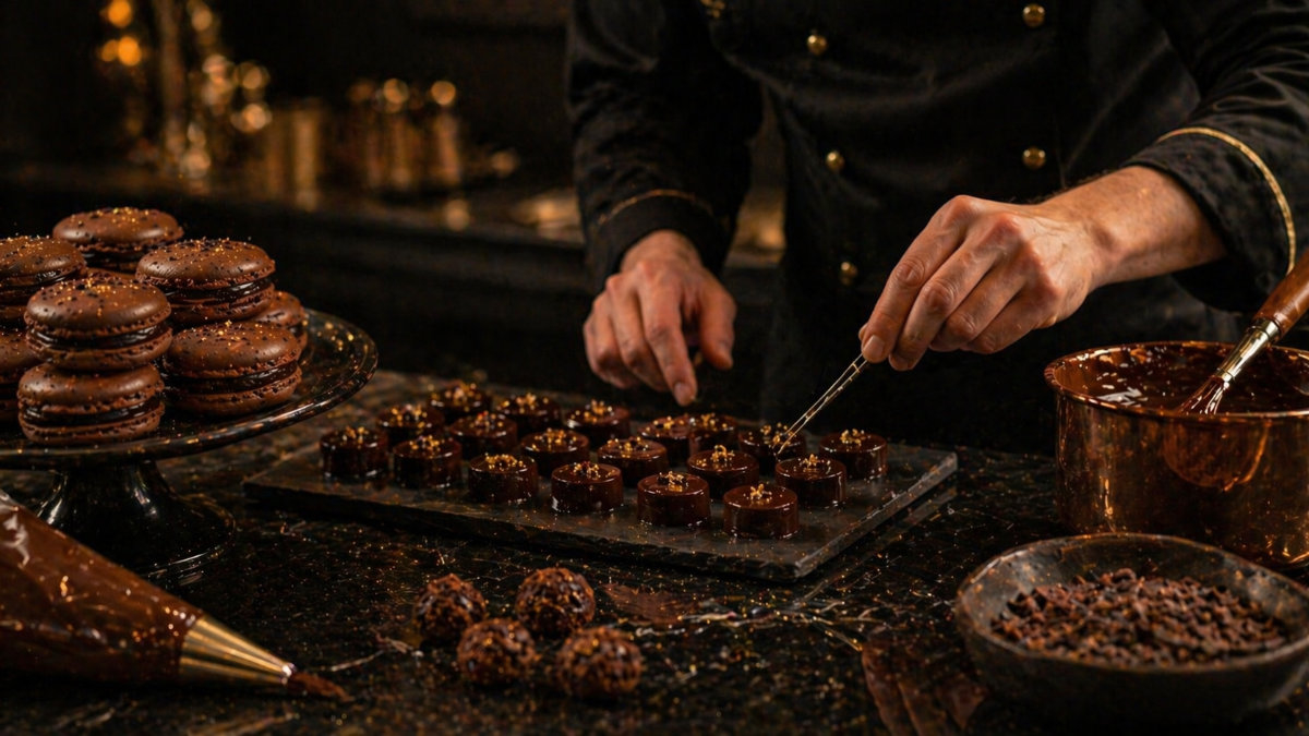 Max Vauché, chocolatier, en train de dresser des chocolats dans son atelier